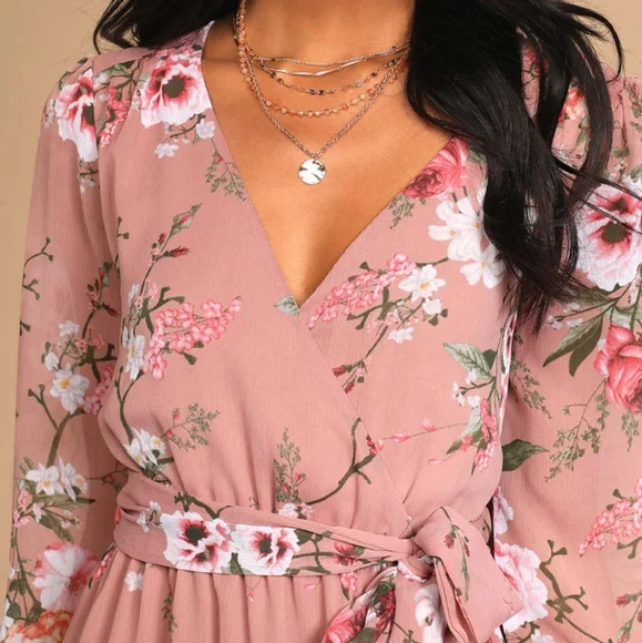 NWT LULU'S Mauve Floral Long Sleeve Faux-Wrap Mini Dress - Picture 3 of 7